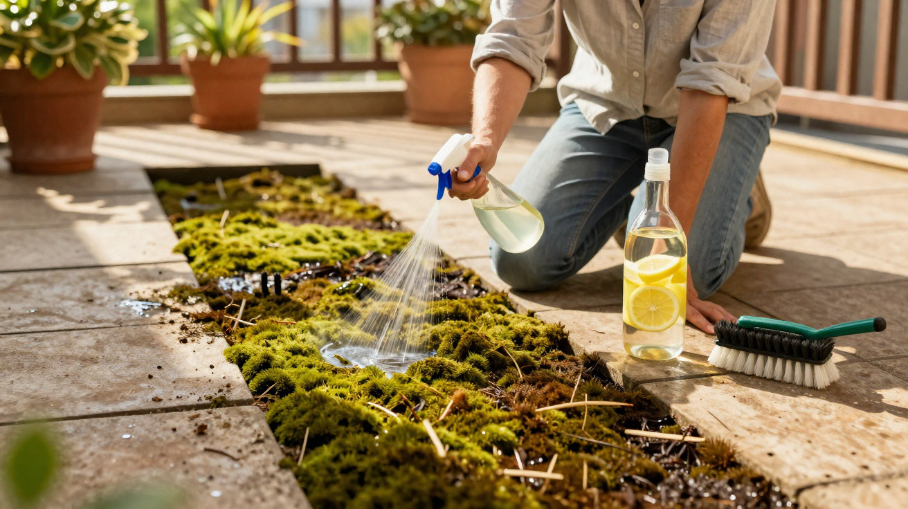Person spraying cleaning solution on moss growing between patio tiles on a sunny day.