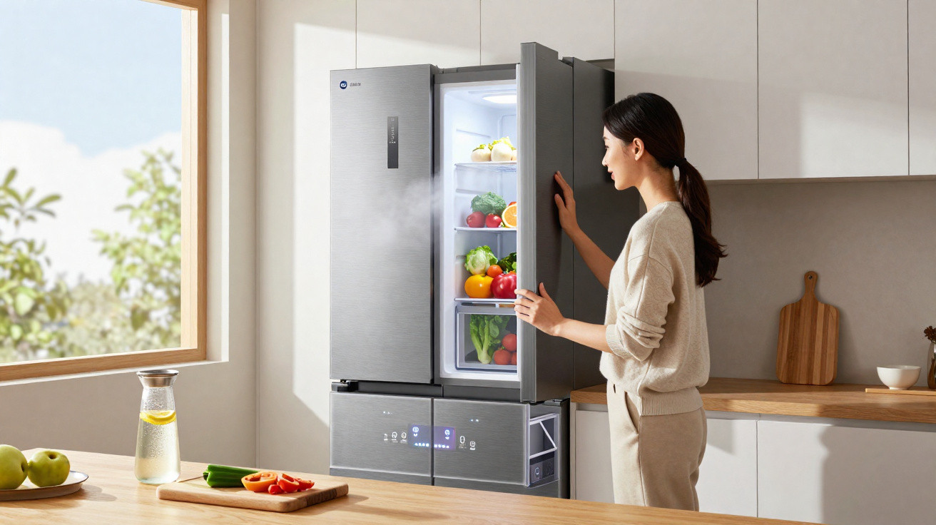 Woman opening a modern stainless steel fridge filled with fresh vegetables in a bright kitchen