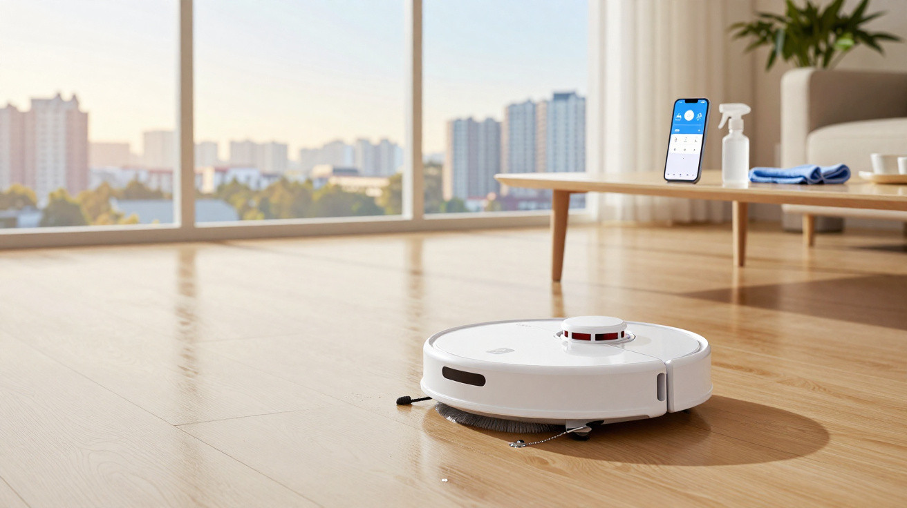 White robot vacuum cleaner operating on wooden floor in bright living room with smartphone on table displaying app.
