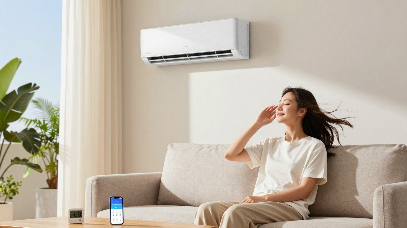 Woman relaxing on sofa enjoying cool air from wall-mounted air conditioner in bright living room with plants