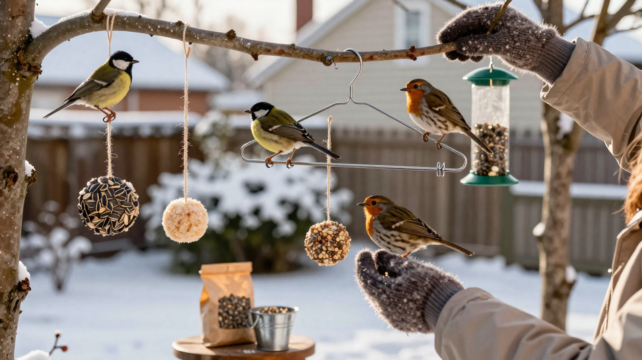 Birds perched on a tree branch and homemade feeders in a snowy backyard with person wearing gloves.