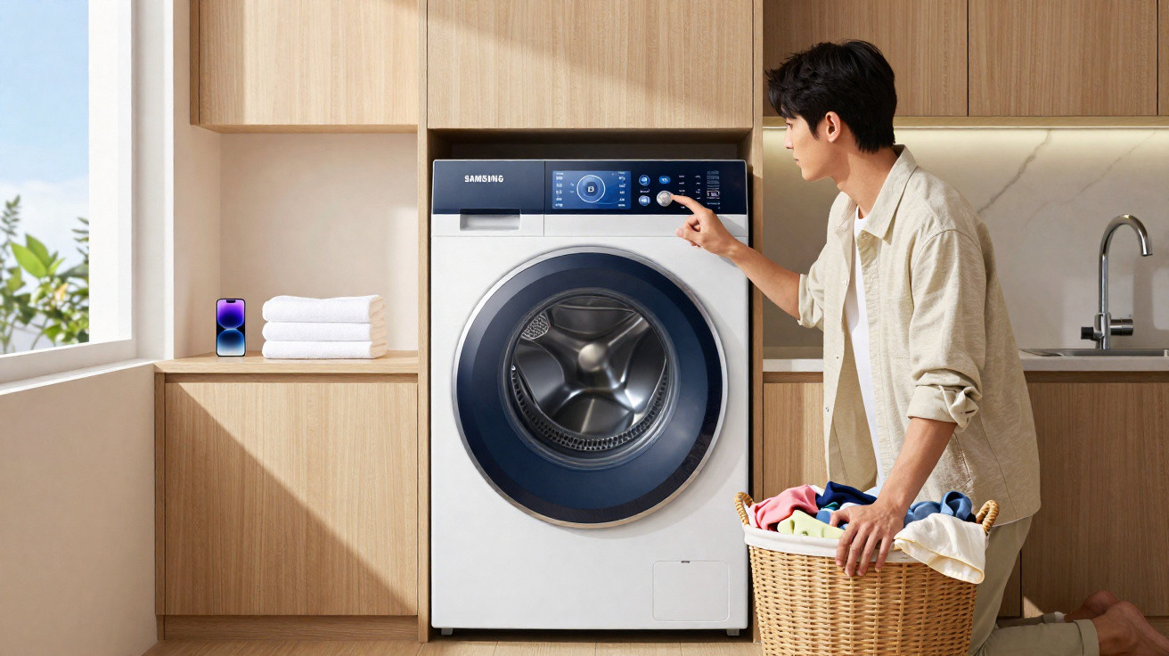 Man with laundry basket selecting settings on a front-loading Samsung washing machine in a bright wooden kitchen.
