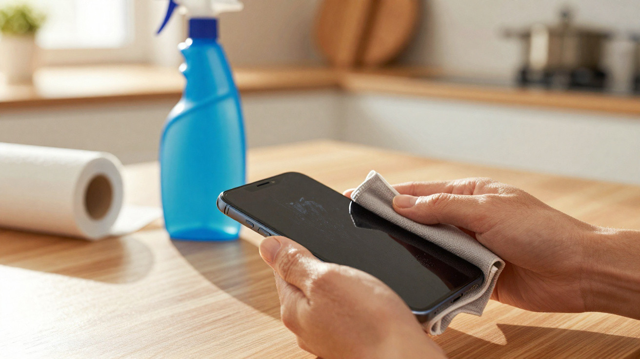 Hands cleaning a smartphone screen with a cloth on a wooden table with spray bottle and paper towel roll nearby.