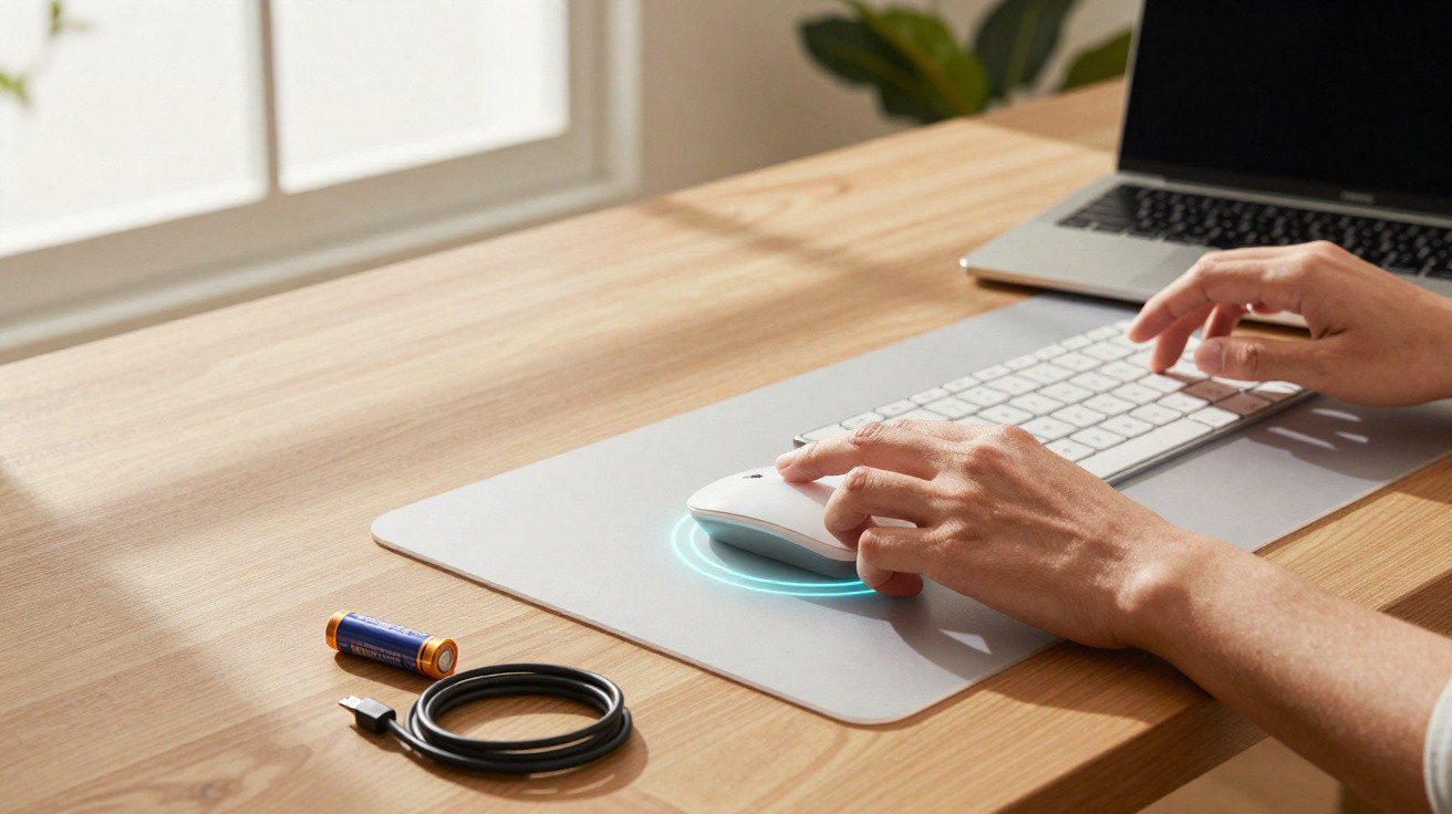 Person using a wireless mouse and keyboard on a wooden desk with a laptop and charging cable nearby