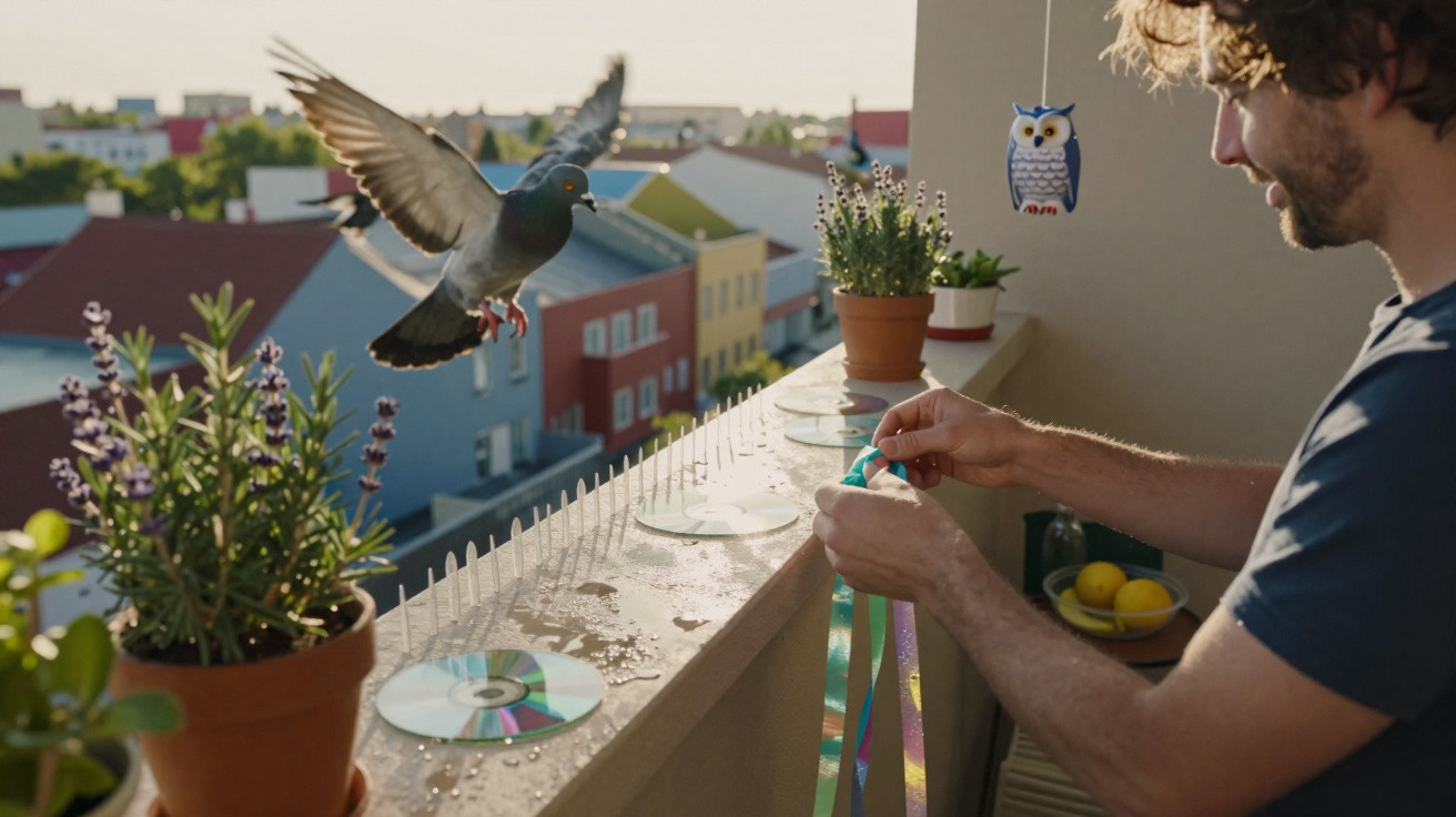 Man decorating balcony railing with reflective ribbons to deter pigeons from landing on spikes.