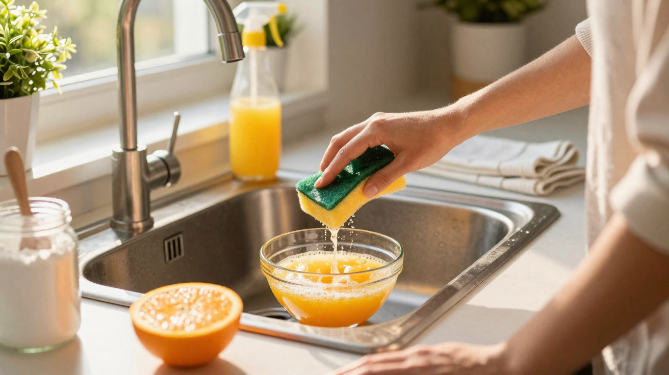 Person squeezing an orange half with a sponge over a glass bowl in a kitchen sink next to fresh juice.