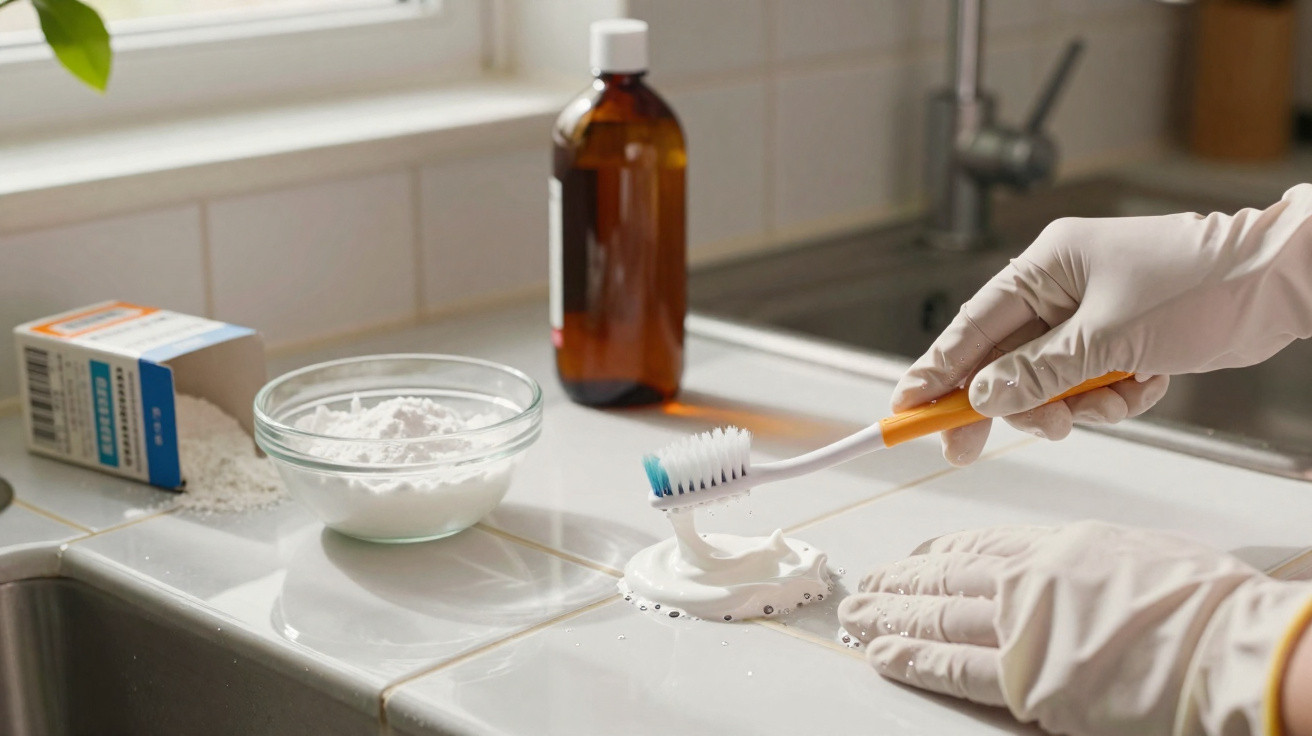 Hands wearing gloves applying baking soda on a toothbrush to clean tiled kitchen countertop near a sink.