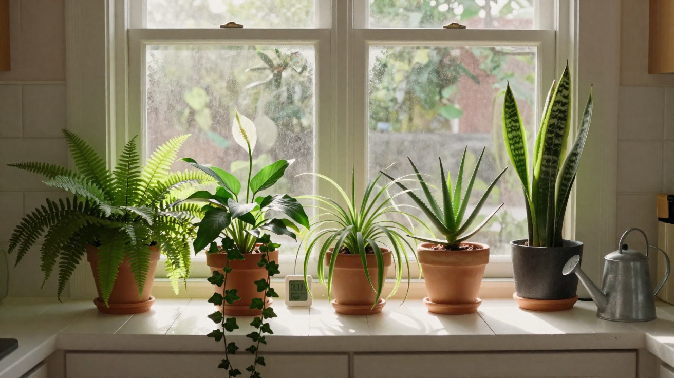 Five different potted green houseplants and a metal watering can on a bright windowsill in a kitchen.