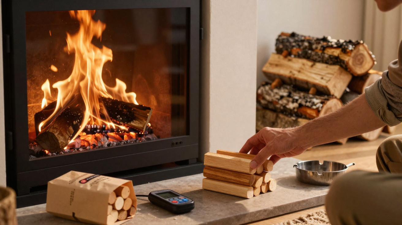 Person stacking small kindling sticks near a lit wood-burning fireplace with firewood stacked in the background