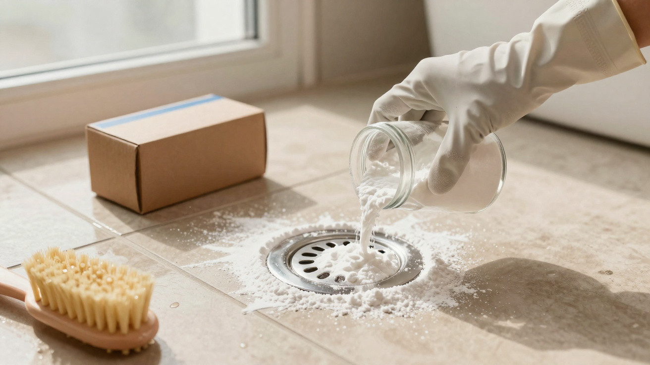 Hand wearing a rubber glove pouring cleaning powder into a drain on tiled floor with brush and box nearby.