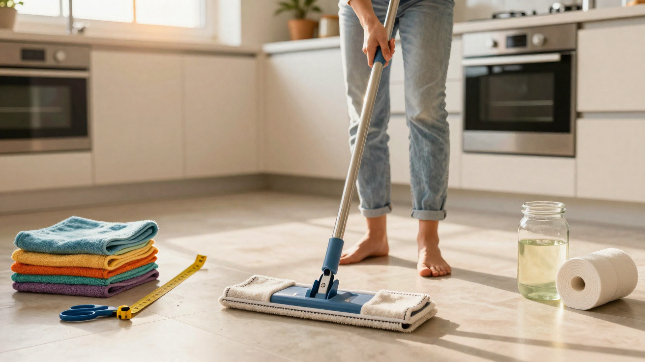 Person mopping kitchen floor with cleaning supplies and colourful folded cloths nearby in bright modern kitchen.