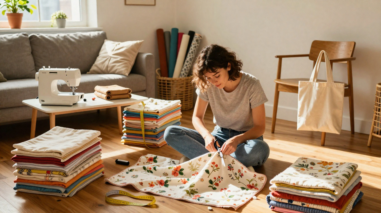 Woman sitting on the floor cutting floral fabric with scissors, surrounded by folded fabrics and a sewing machine.