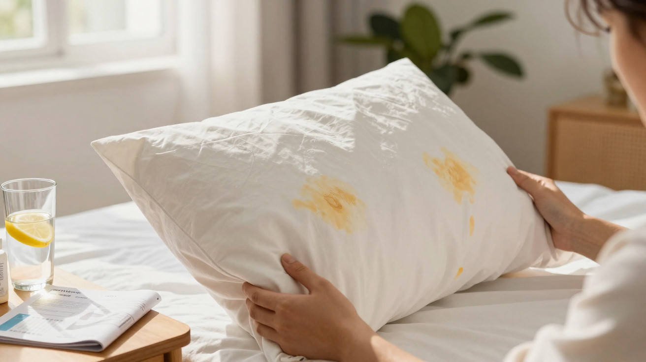 Person holding a white pillow with visible yellow stains while sitting on a bed near a glass of lemon water.