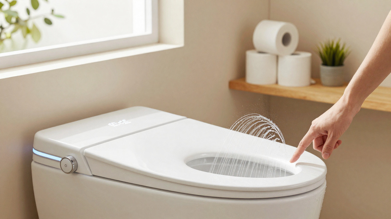 Hand using finger to activate bidet spray in modern white smart toilet beside window with toilet rolls on shelf.