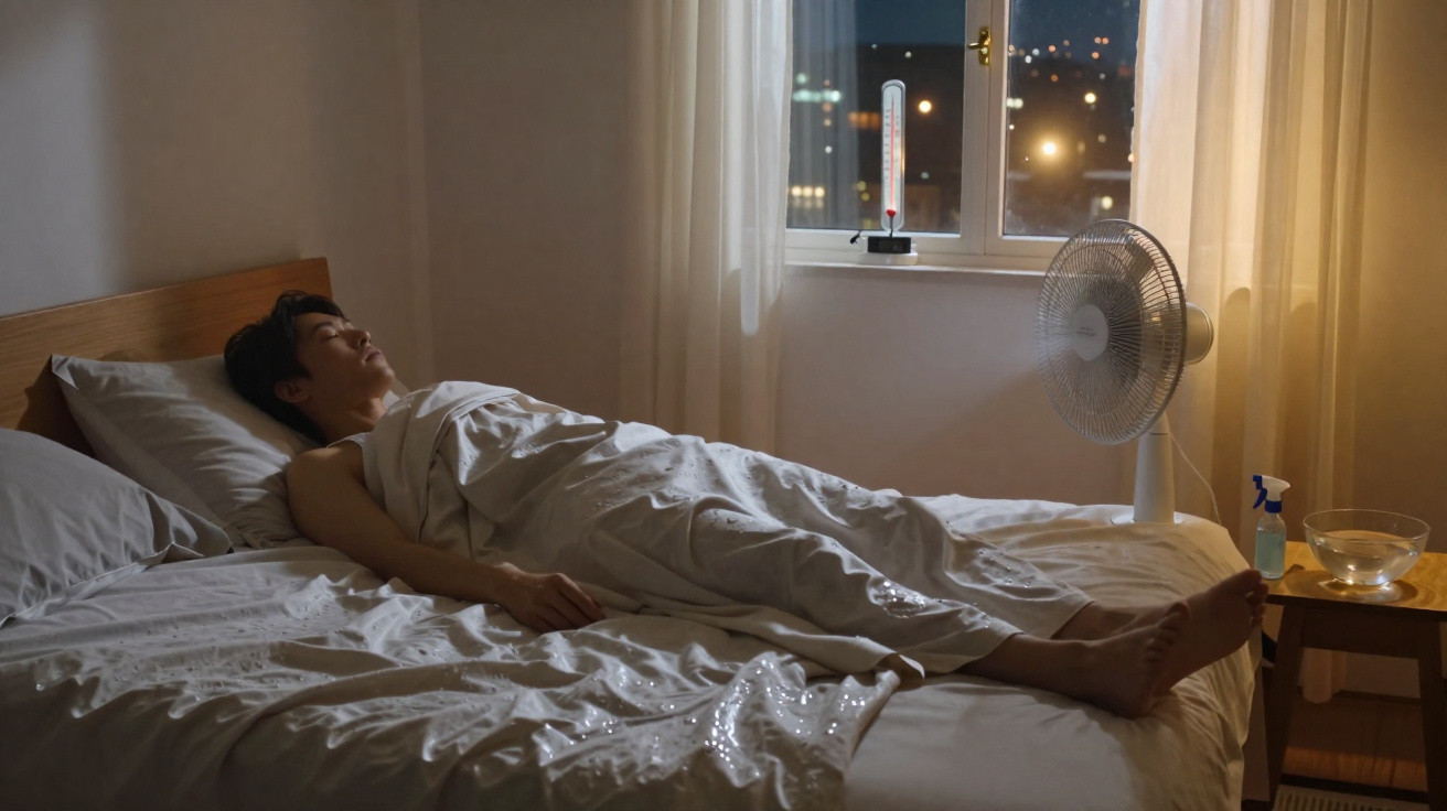 Person resting in bed under a white sheet with a fan and thermometer near an open window at night.