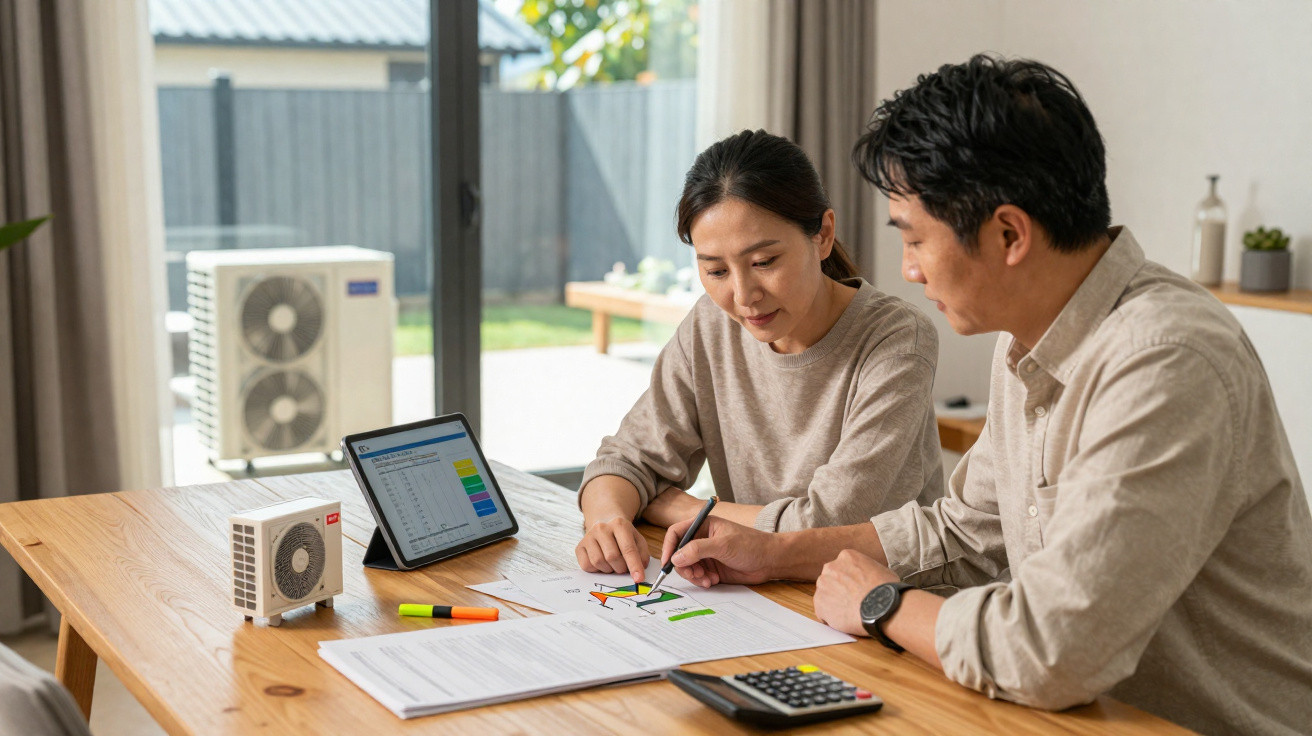 Couple reviewing charts and paperwork at a wooden table with a tablet, calculator, and air conditioning units nearby.