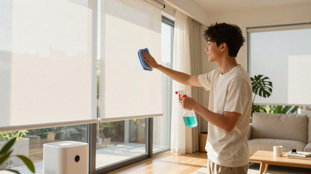 Young man cleaning a window inside a bright, modern living room with roller blinds and indoor plants.