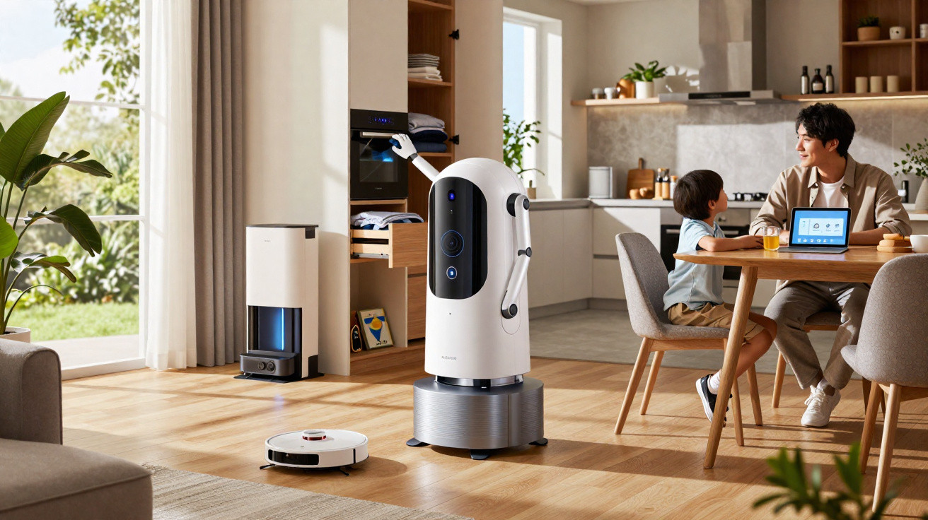 Modern kitchen with a robot folding laundry, a robotic vacuum, and a father and son at a dining table.