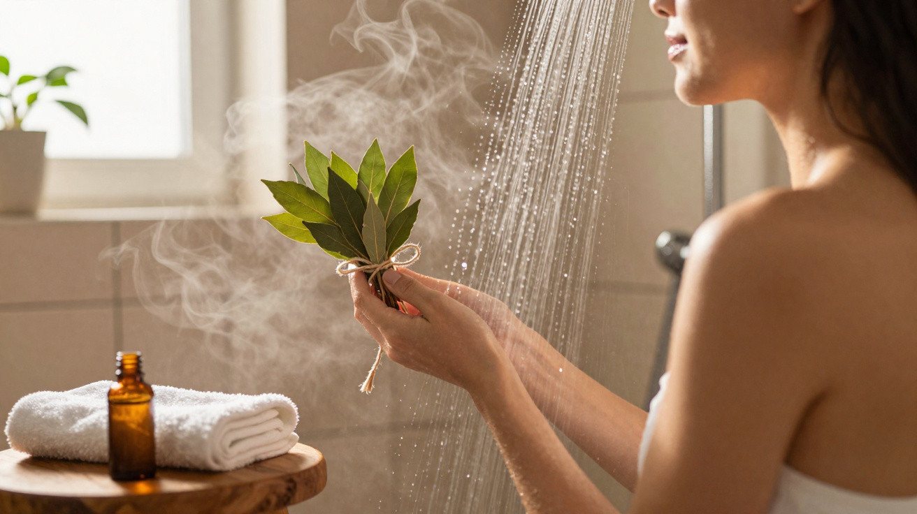 Woman holding a bundle of bay leaves under warm shower steam in a bright bathroom setting.