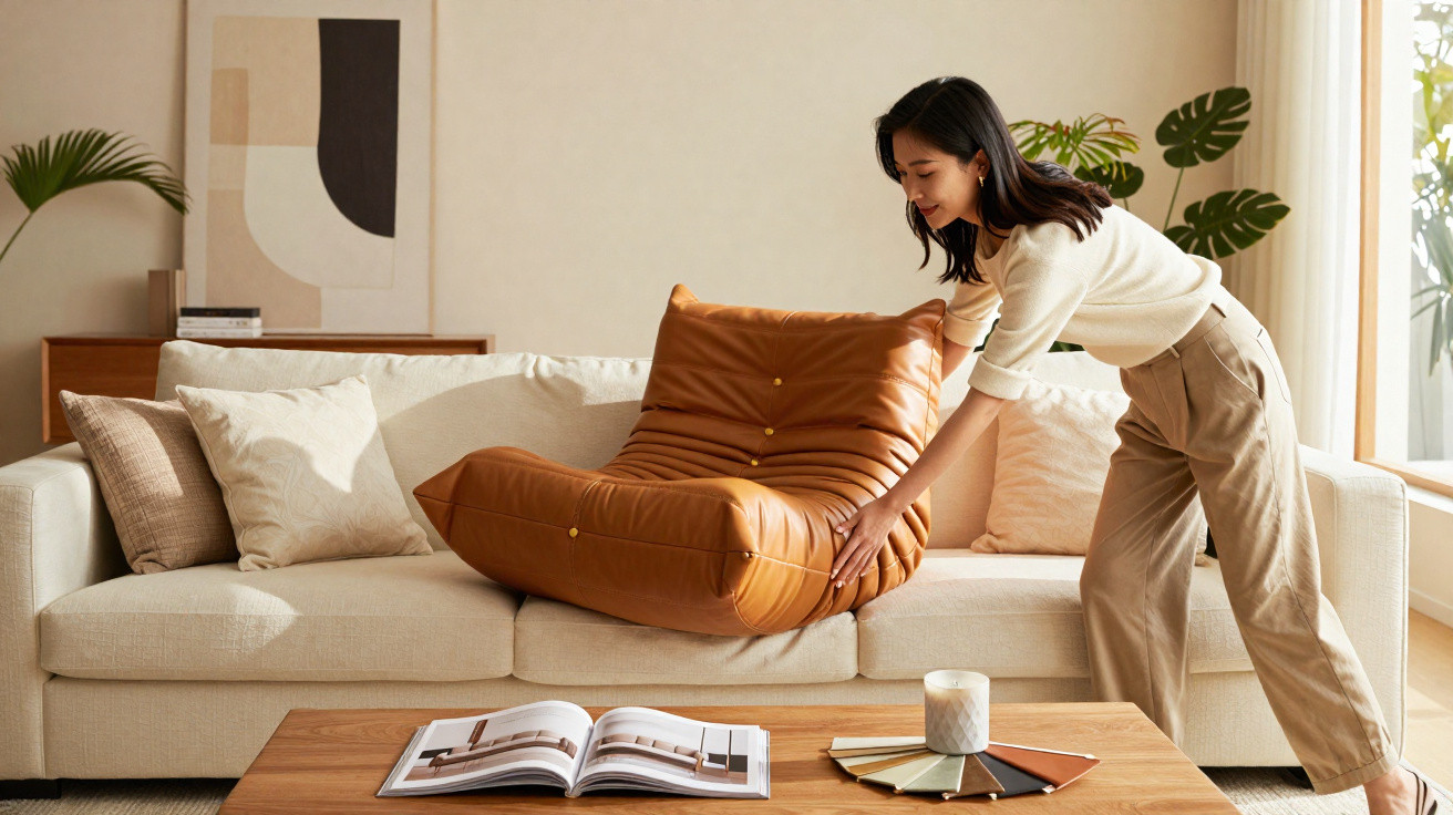 Woman placing a large brown leather cushion on a beige sofa in a sunlit living room.