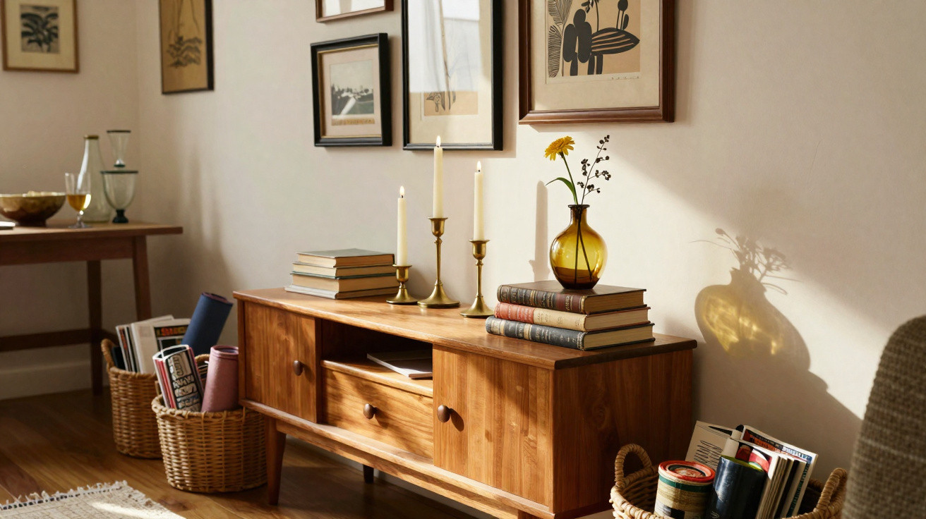 Mid-century wooden sideboard with books, candlesticks, and a vase casting shadows in sunlit cosy room.