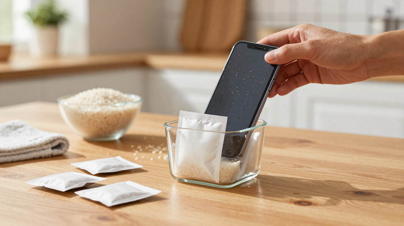 Hand placing wet smartphone into a bowl of rice with silica gel packets on a wooden kitchen table.