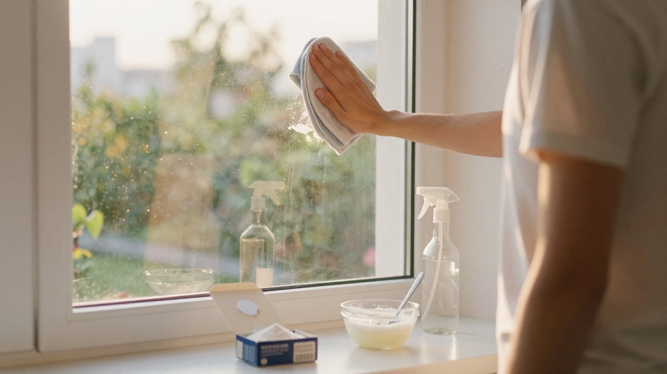 Person cleaning a window with a cloth, spray bottles, and cleaning supplies on the windowsill in soft sunlight.