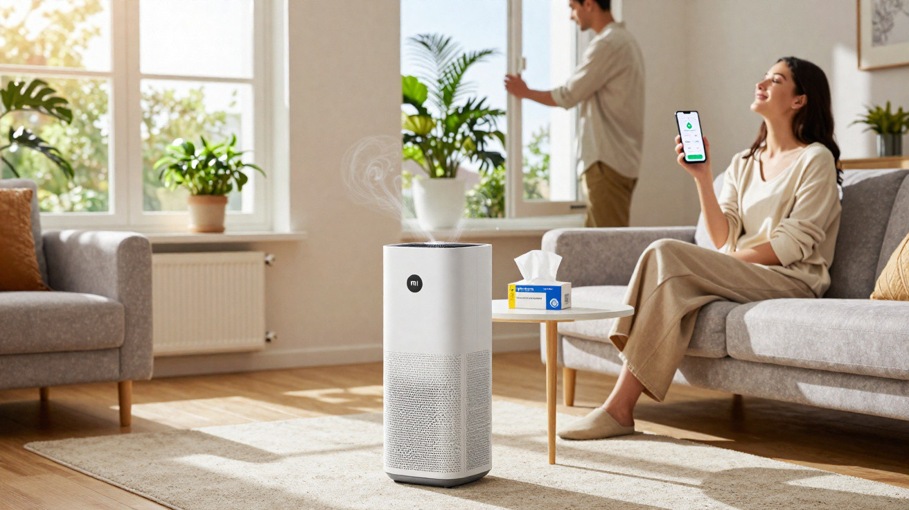 Modern white air purifier on a rug in a sunny living room with a woman using a smartphone and man by the window.