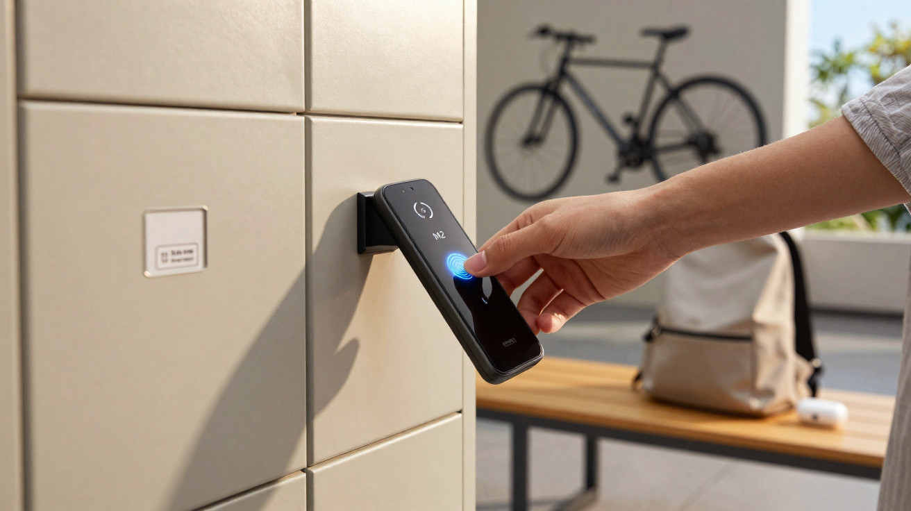Hand pressing fingerprint scanner on smart lock attached to a locker in a modern outdoor setting.