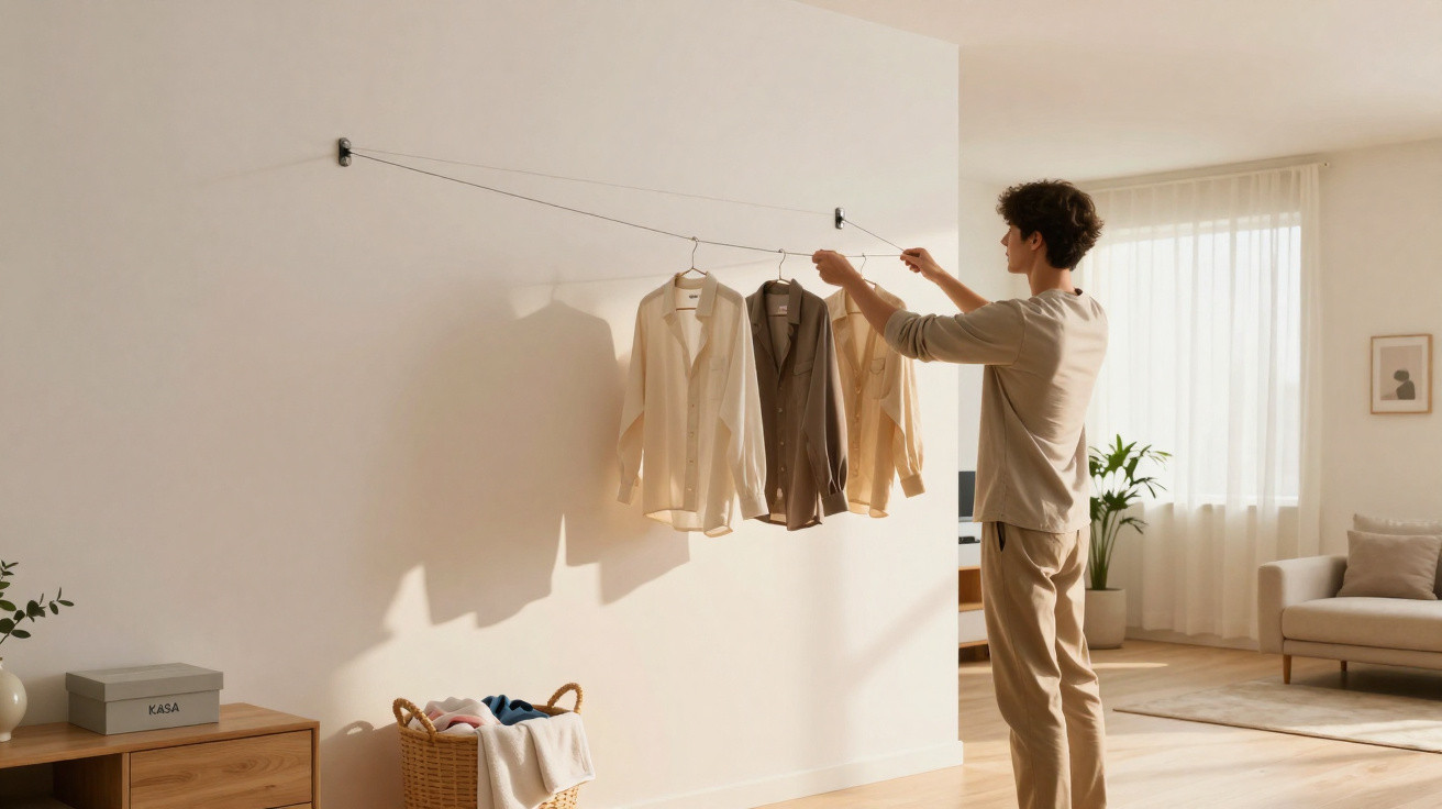 Person hanging shirts on an indoor retractable clothesline in a sunlit minimalist living room.
