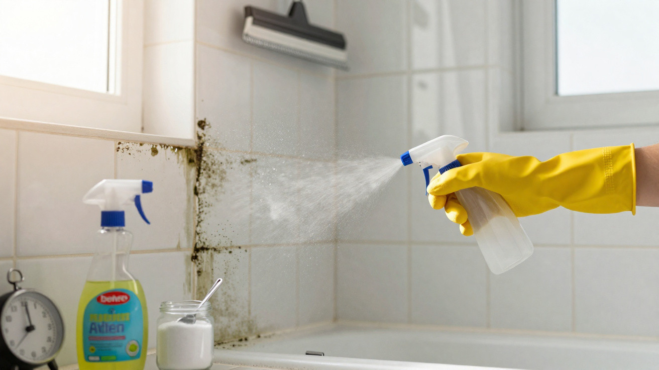 Hand in yellow glove spraying mould remover on mouldy bathroom tiles near bathtub and window.