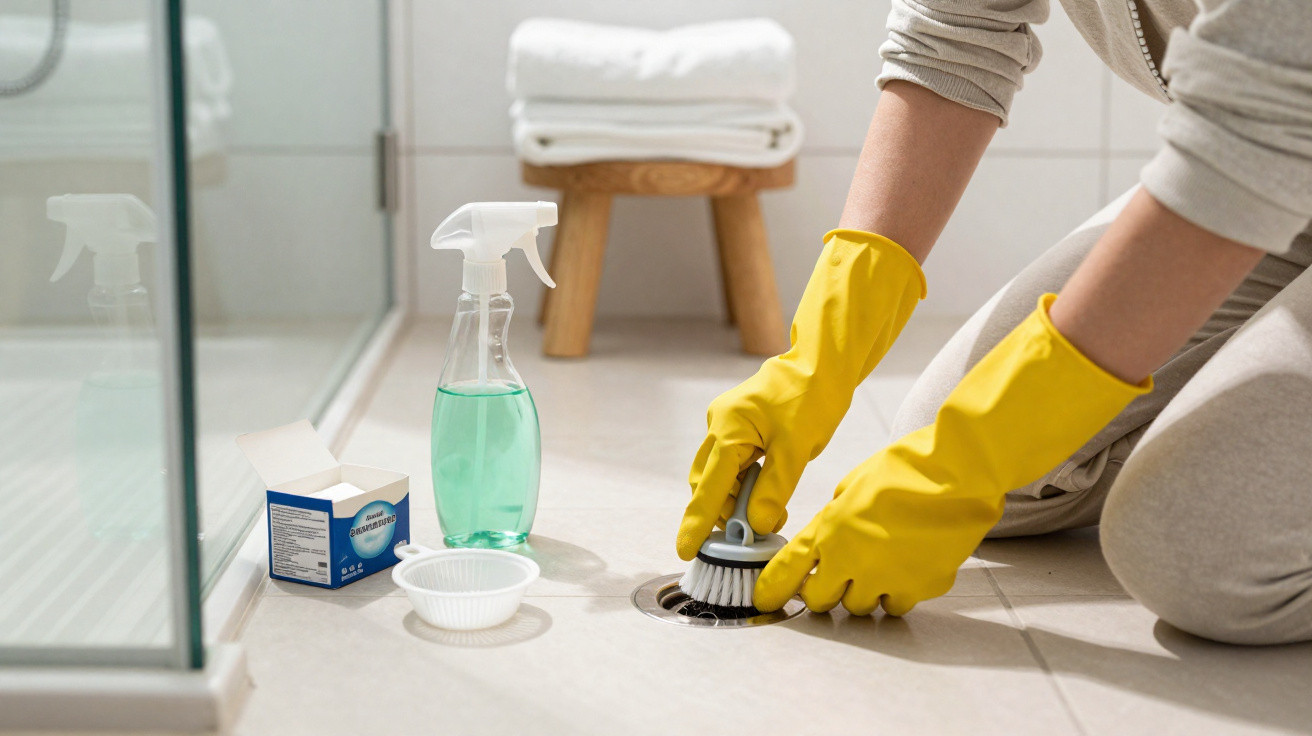 Person wearing yellow gloves cleaning a tiled floor drain with a brush and cleaning supplies nearby.