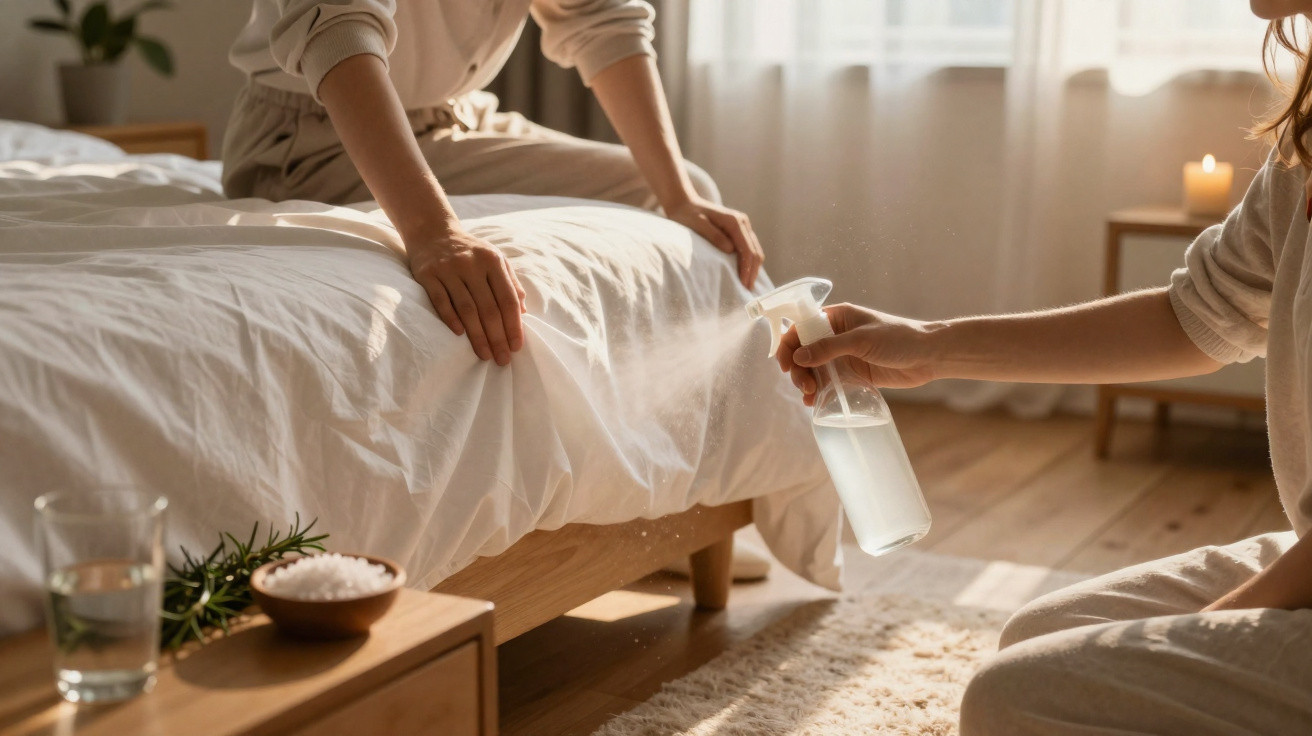 Person spraying mattress with a cleaning solution while another holds the bed sheet in a sunlit bedroom.