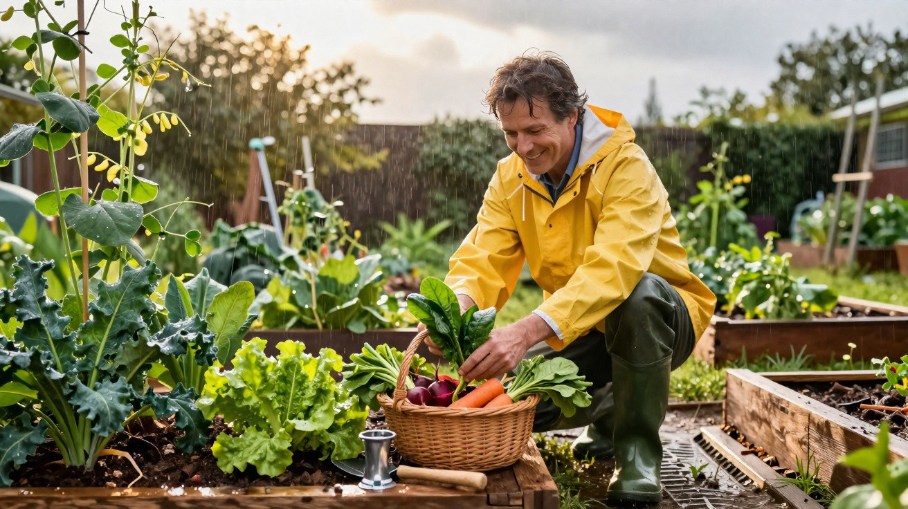 Man in yellow raincoat harvesting fresh vegetables in raised garden beds on a rainy day.