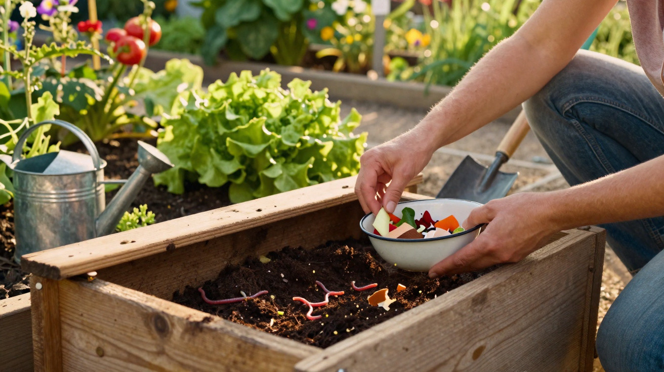 Person adding kitchen scraps to a wooden compost bin with earthworms and garden plants nearby.