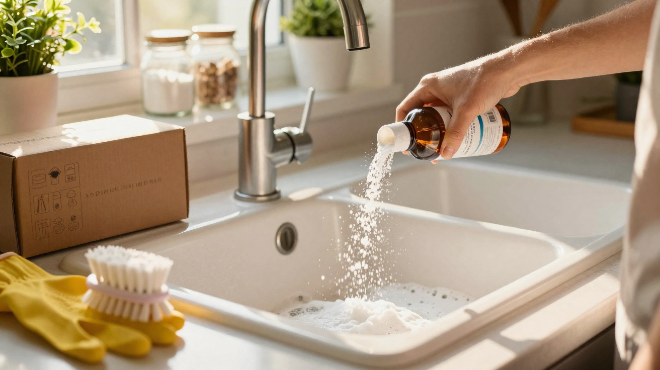 Person pouring white powder cleaner into a kitchen sink filled with soapy water.