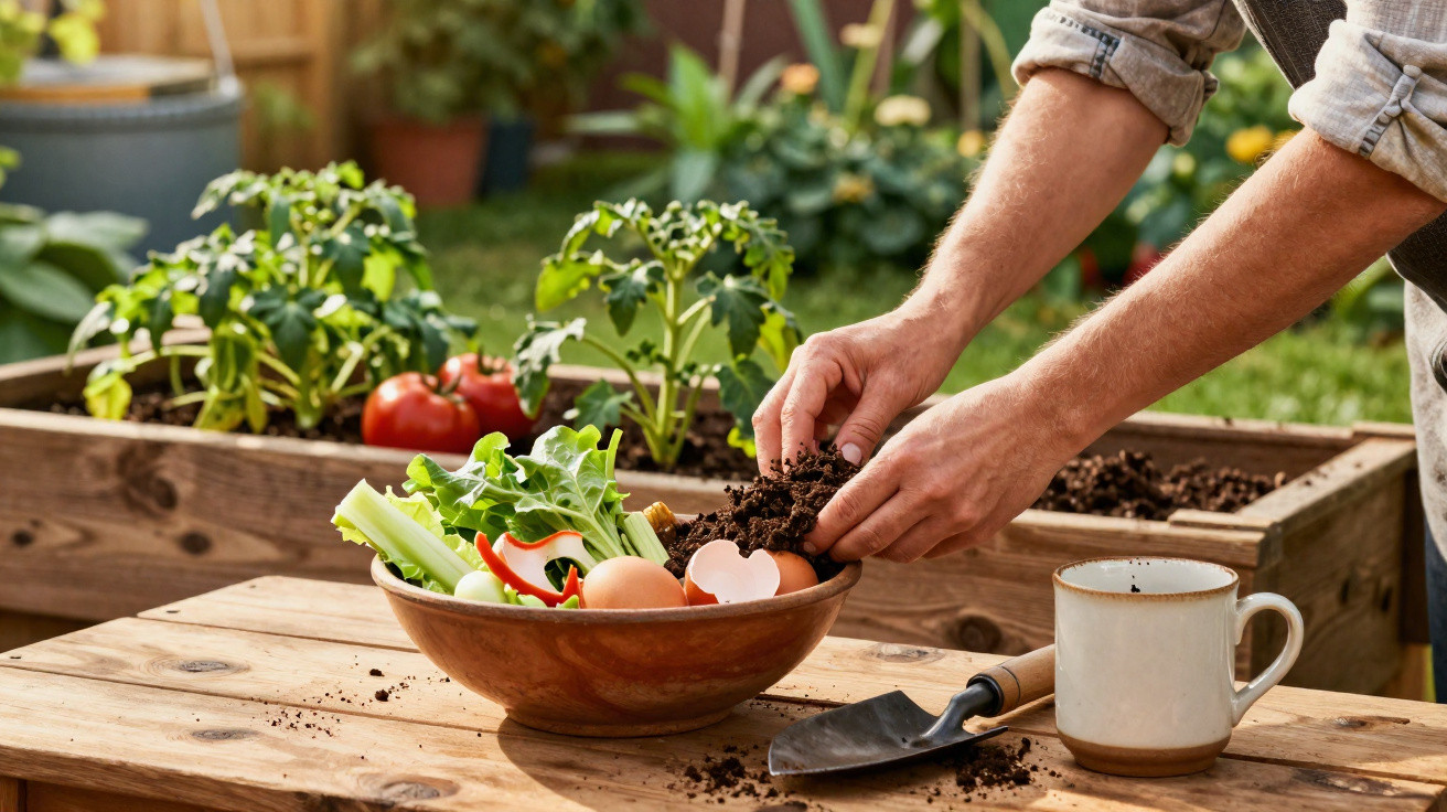 Person adding soil to a bowl of vegetables and eggs on a wooden table beside a garden bed with tomato plants.
