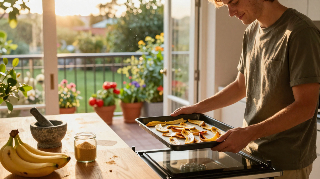 Person placing baking tray with banana slices into oven in a sunlit kitchen by an open patio door.