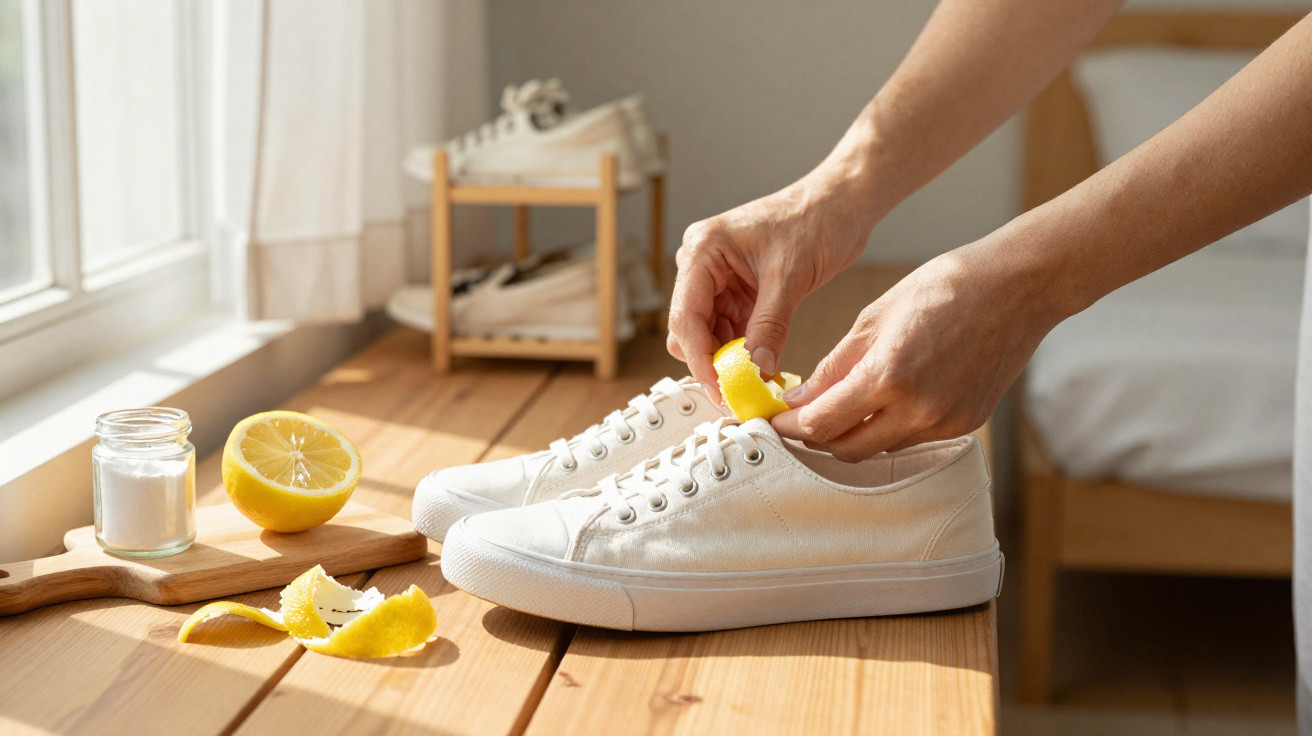 Hands rubbing lemon peel inside a white sneaker on a wooden surface next to lemon half and salt jar.