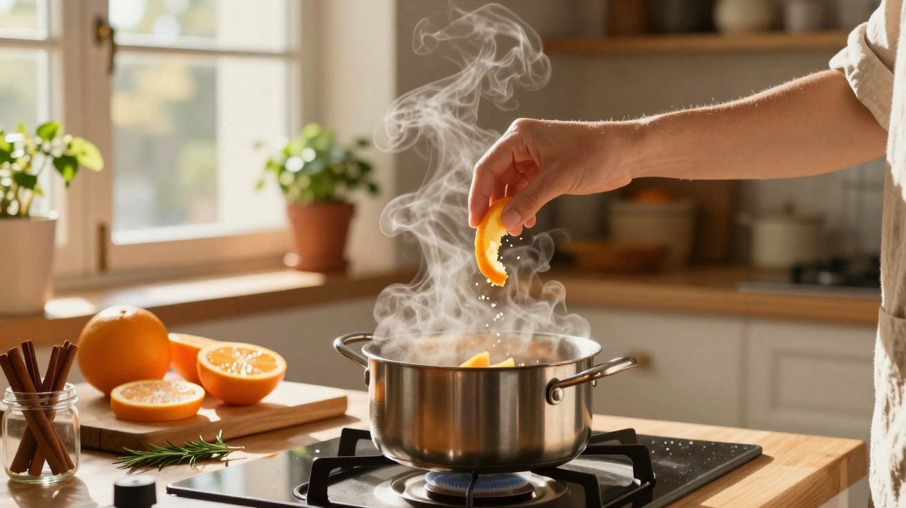 Hand sprinkling orange peel into a steaming pot on a stove in a sunlit kitchen.