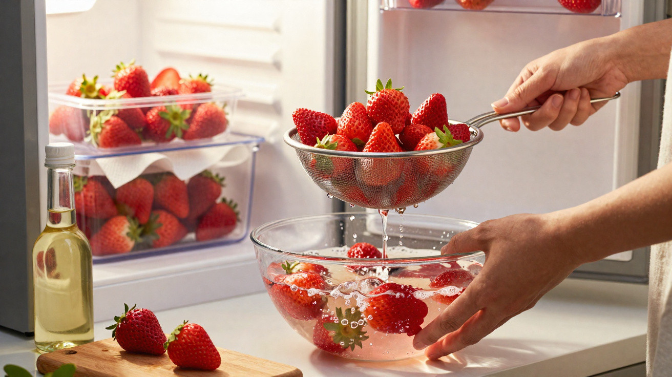 Person rinsing fresh strawberries in a colander over a bowl in front of an open fridge with more strawberries.