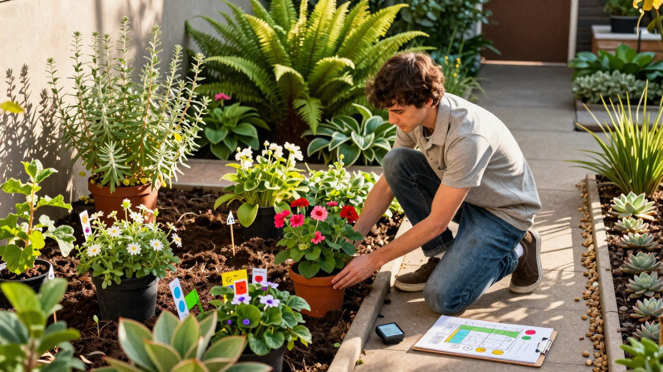 Young man gardening outdoors, planting flowers in pots with a clipboard and phone nearby on the ground.
