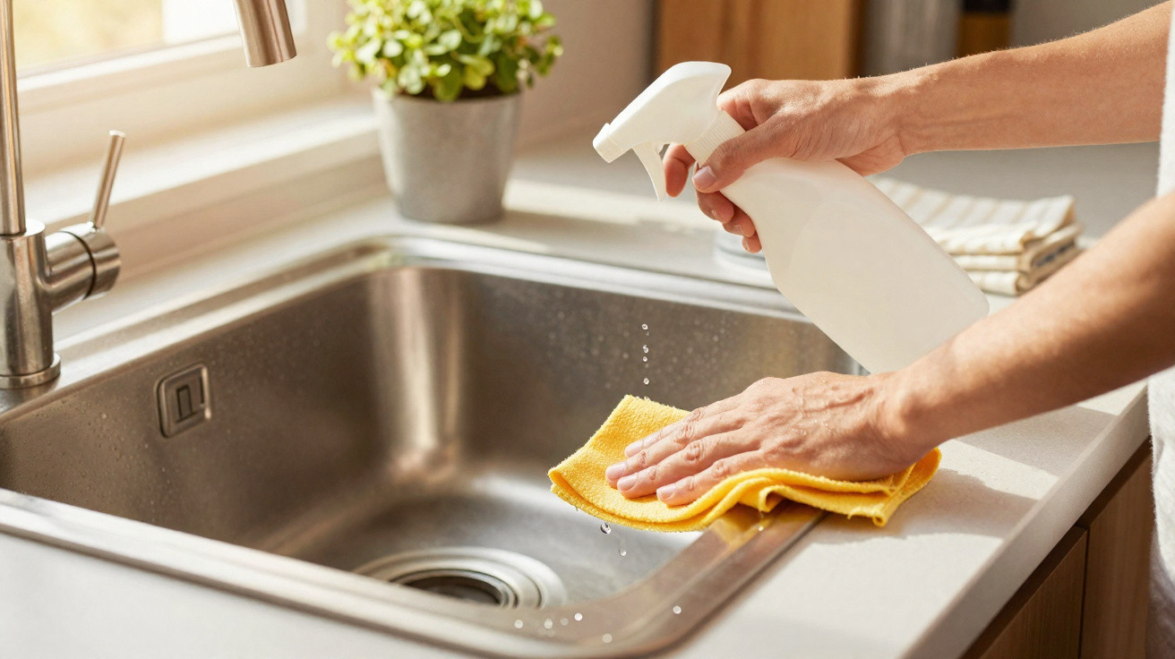 Person cleaning stainless steel kitchen sink with spray bottle and yellow cloth under natural light.