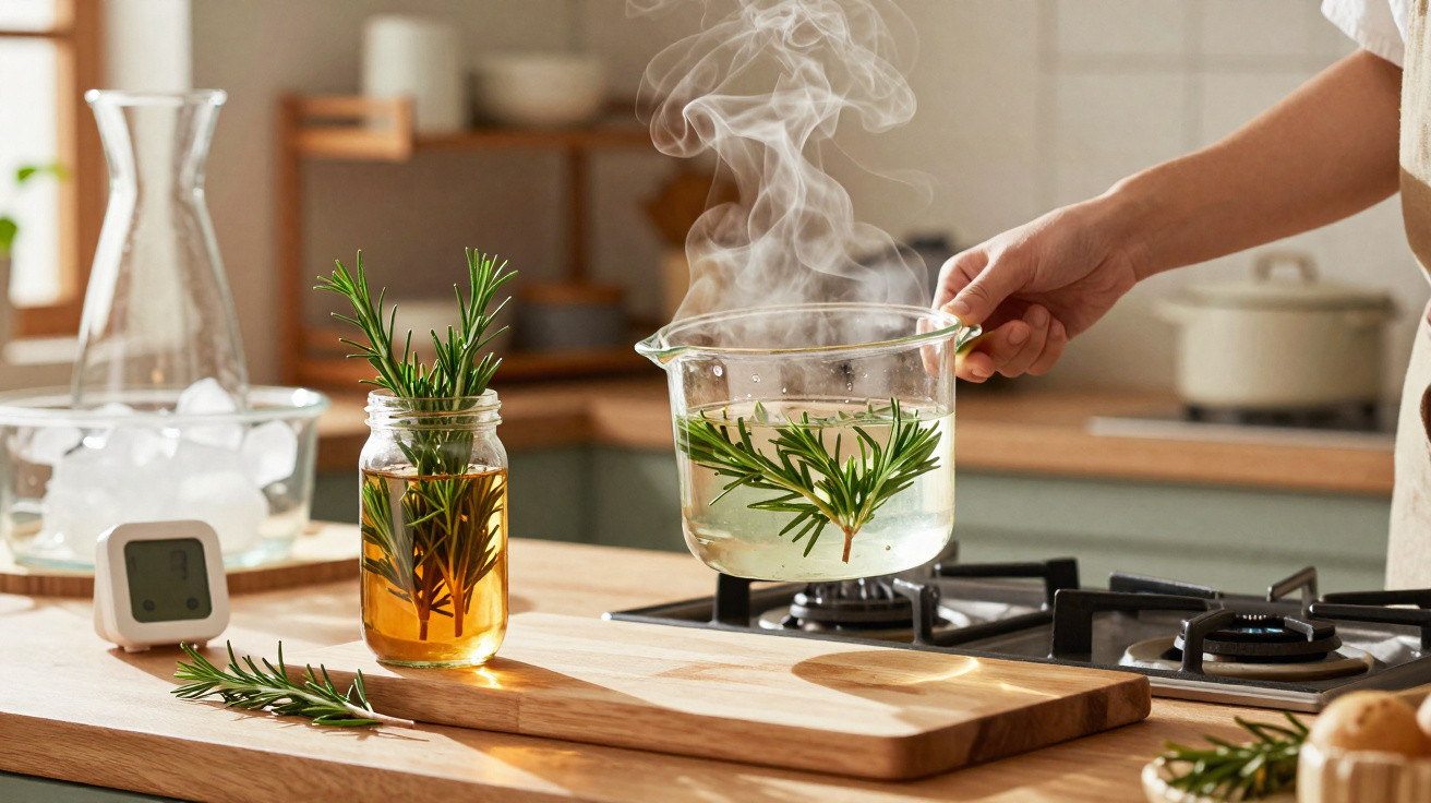 Hand holding glass pot with steaming water and rosemary over gas stove in a kitchen.