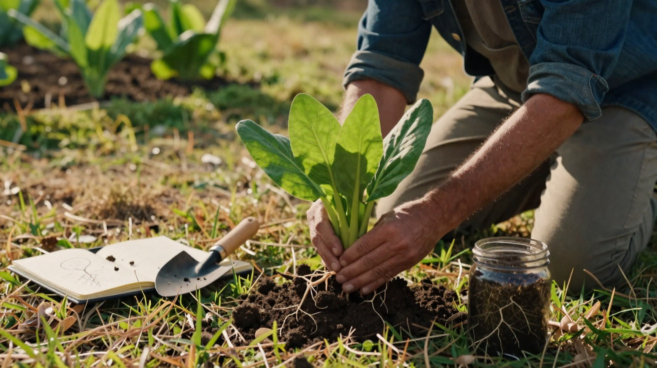 Person planting a green seedling in soil outdoors with gardening tools and notes nearby.
