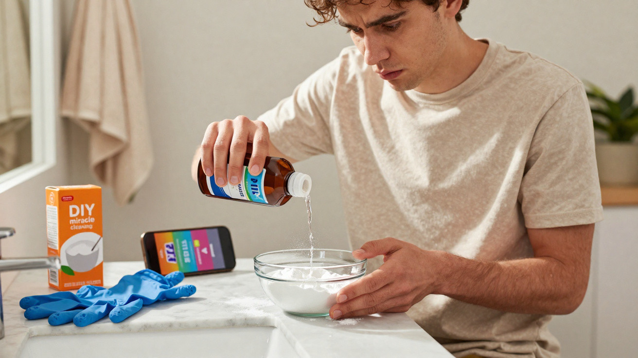 Young man pouring liquid from a brown bottle into a glass bowl with white powder on a kitchen counter.
