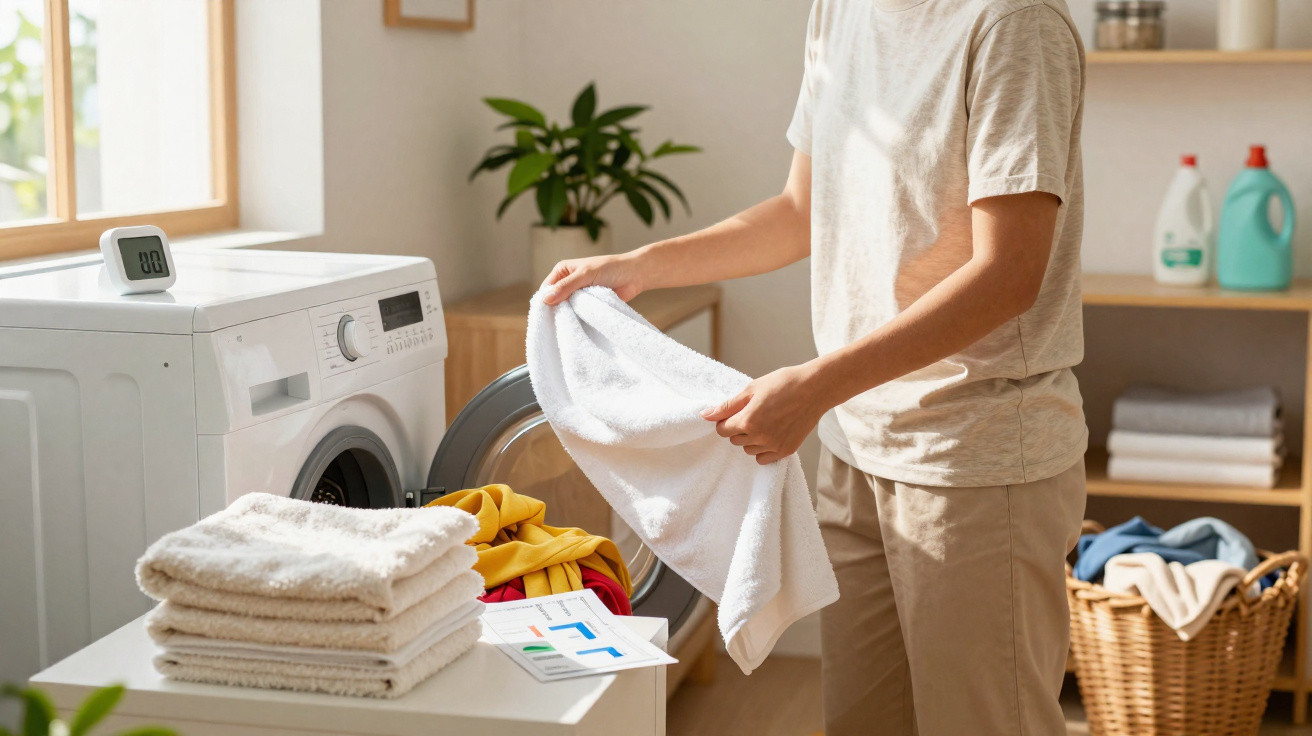 Person loading or unloading white towel from front-loading washing machine in bright laundry room