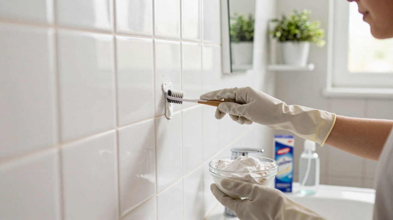 Person wearing rubber gloves scrubs grout between white bathroom tiles with a brush and cleaning powder.