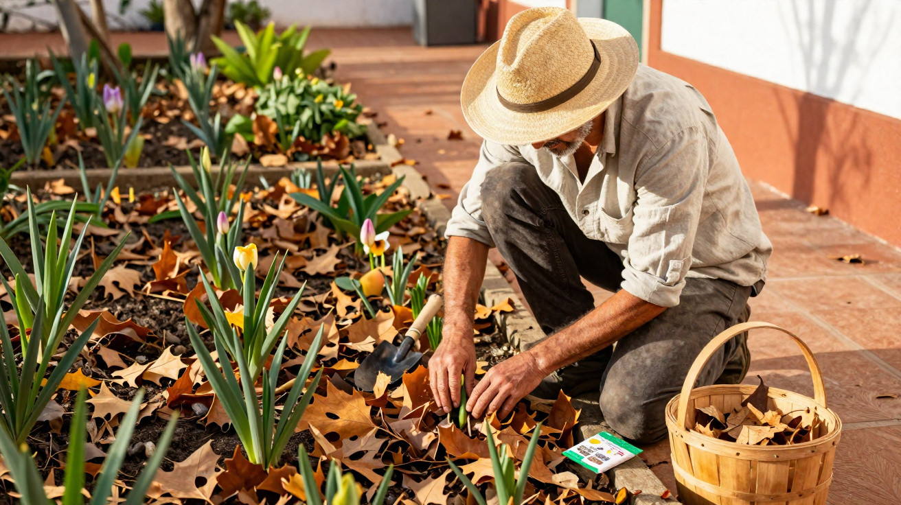 Man wearing a straw hat planting bulbs in a garden bed covered with autumn leaves next to a wooden basket.