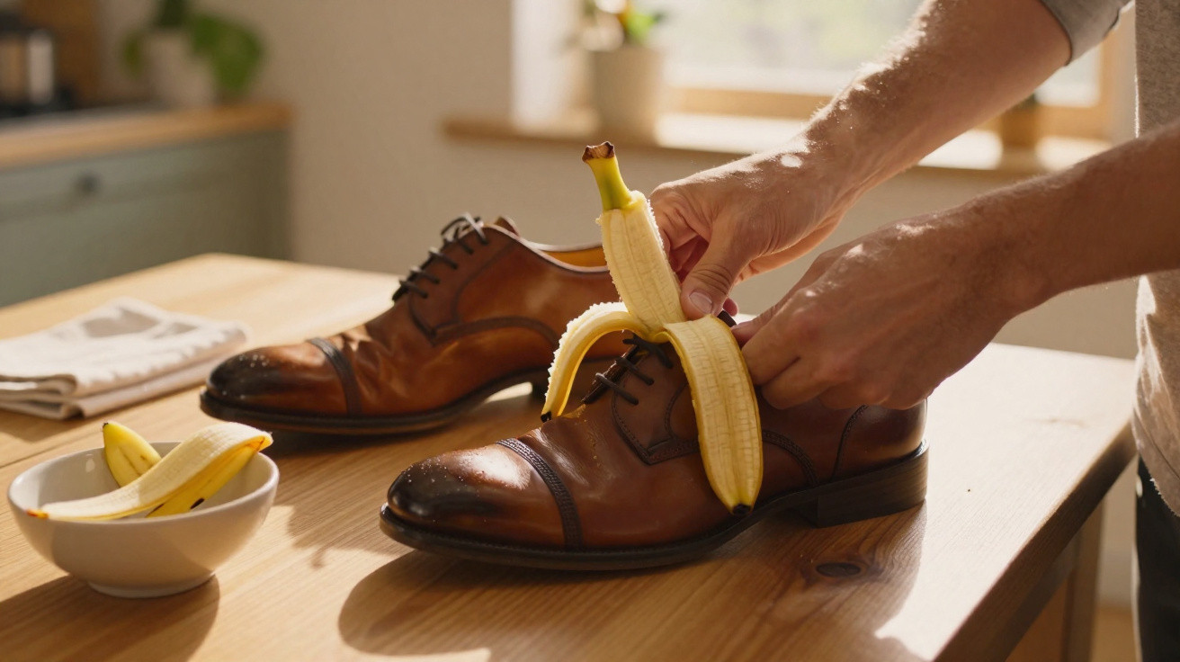 Person placing peeled banana inside brown leather shoe on wooden table in bright room